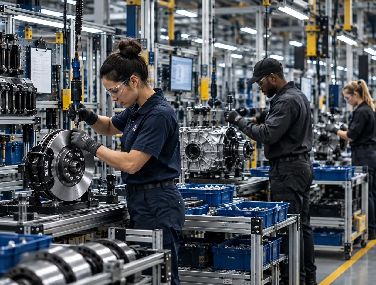 Operator fitting a brake caliper at an assembly station, more operators working down the line