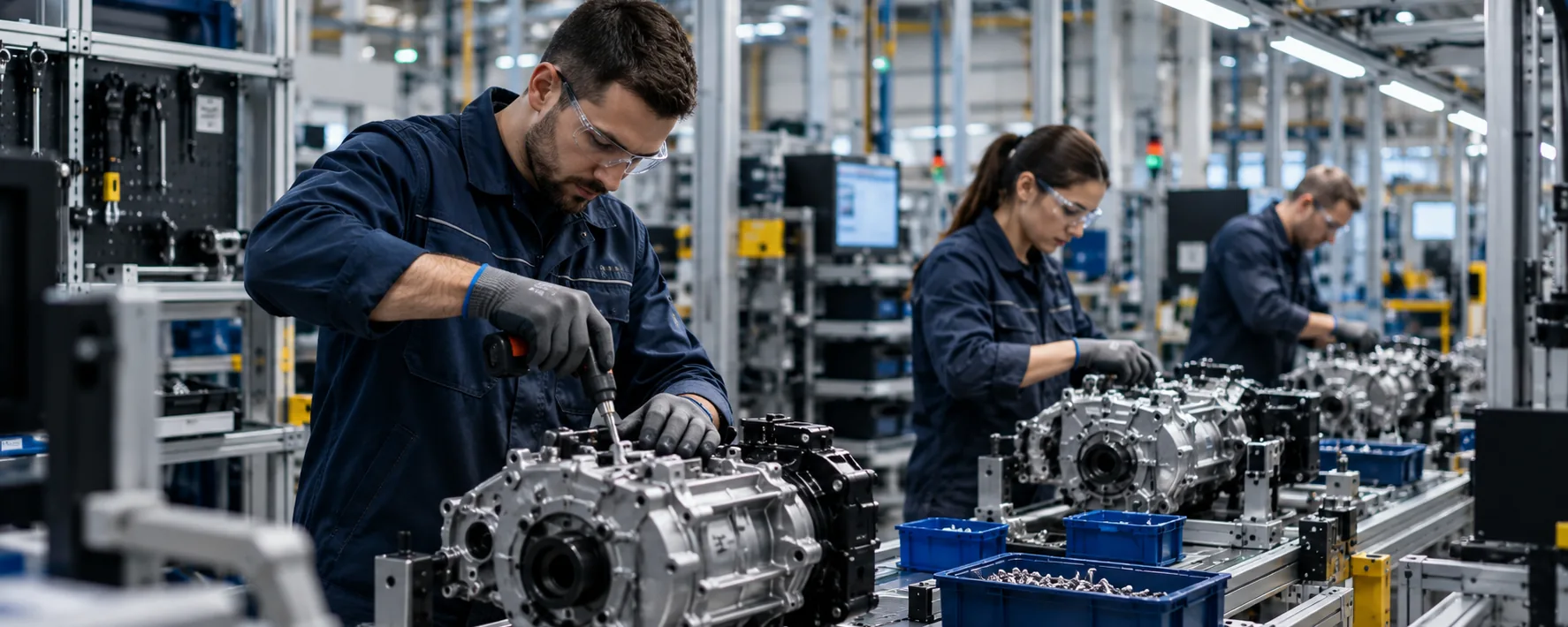 Operators in safety glasses assembling gearbox housings along a production line