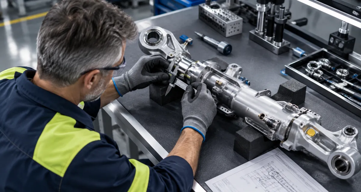 Technician assembling a landing gear component at a bench