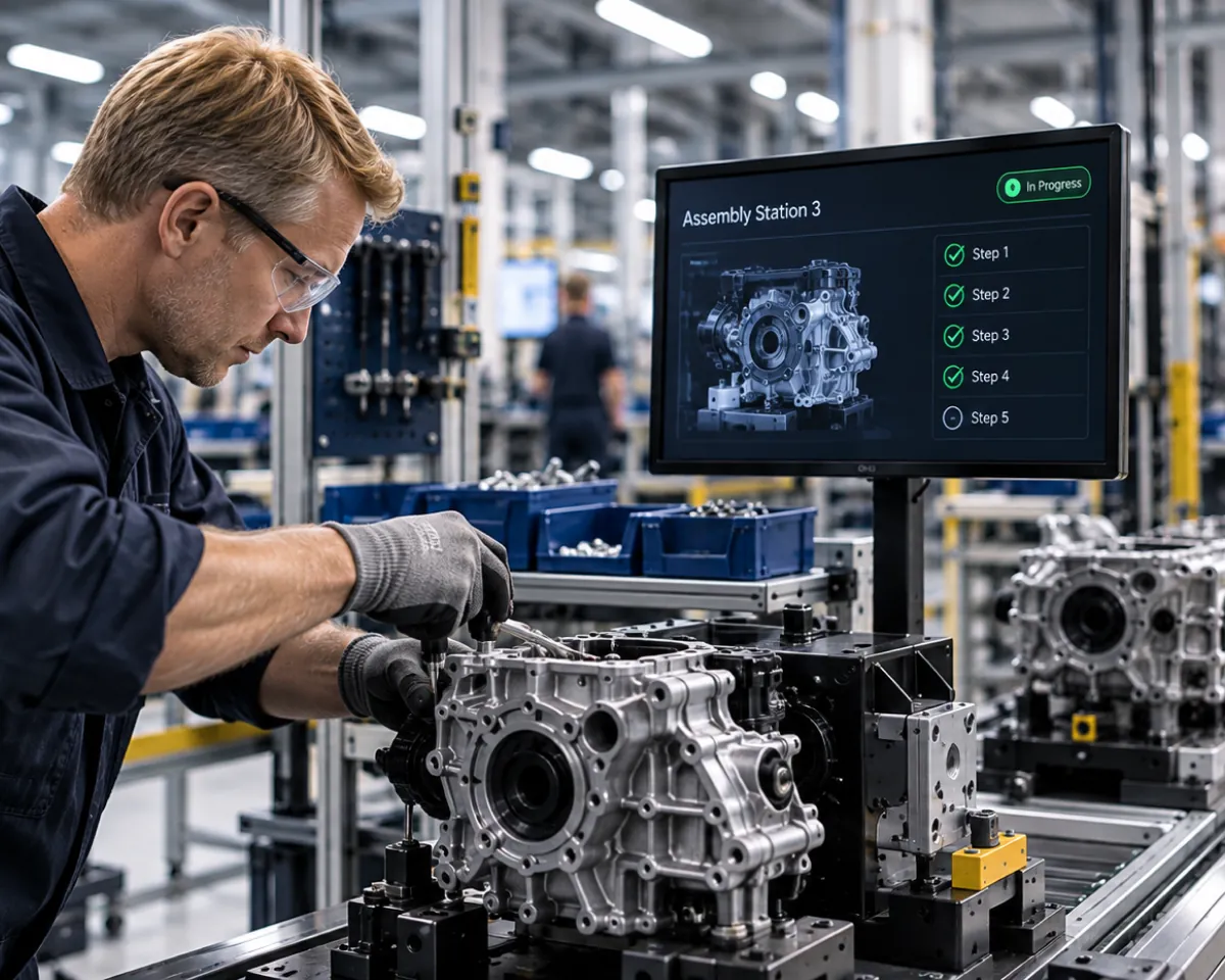 Operator assembling a gearbox housing next to a station screen