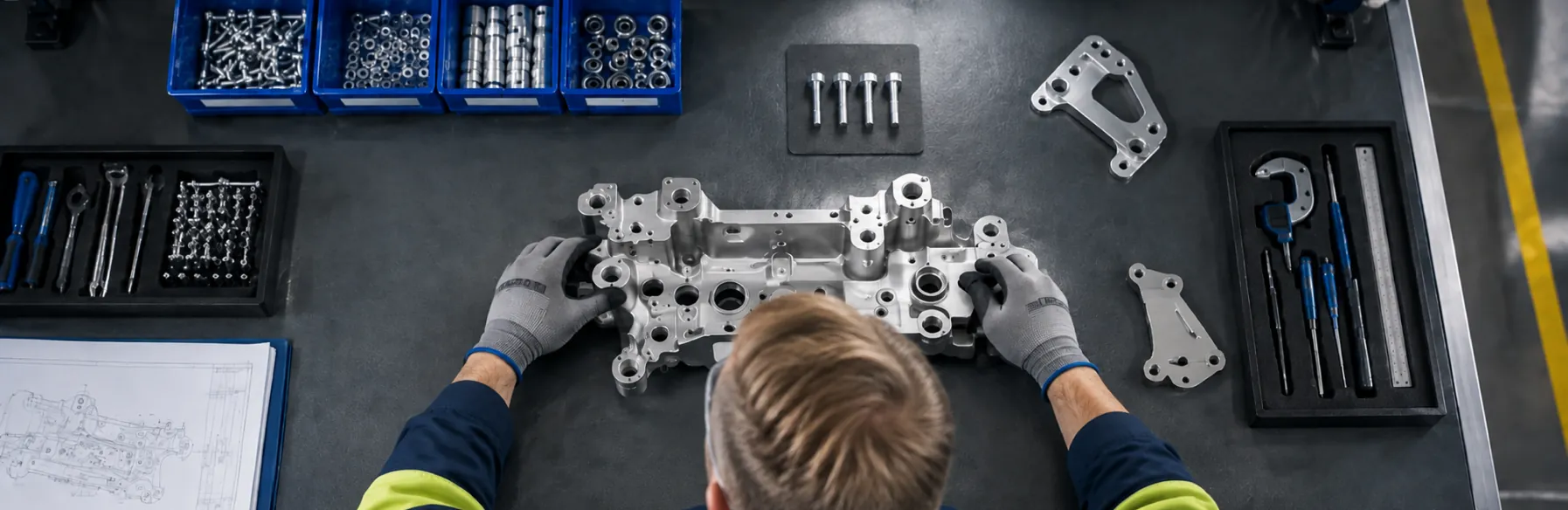 Operator laying out machined aluminum parts on a bench