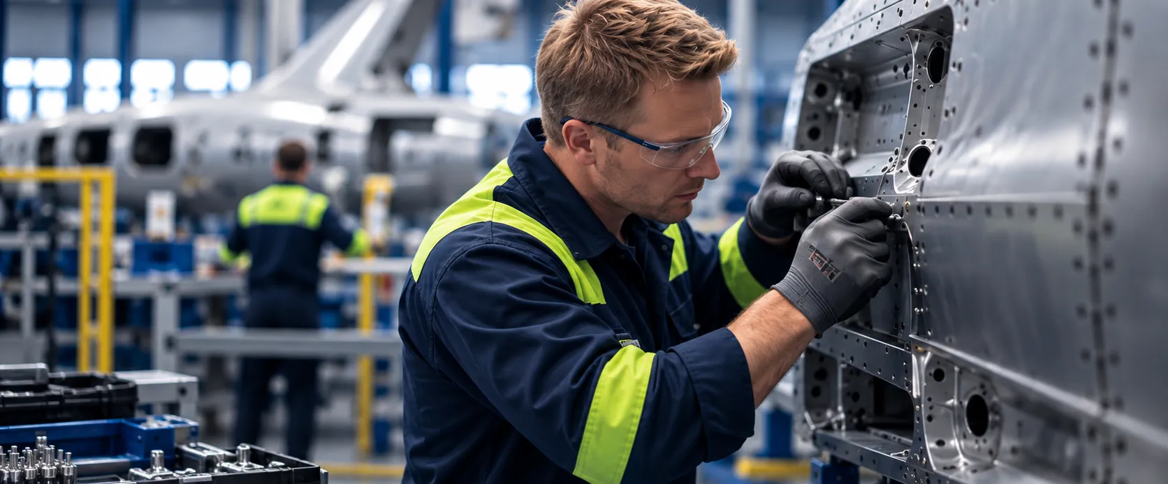 Technician working on an aircraft fuselage panel