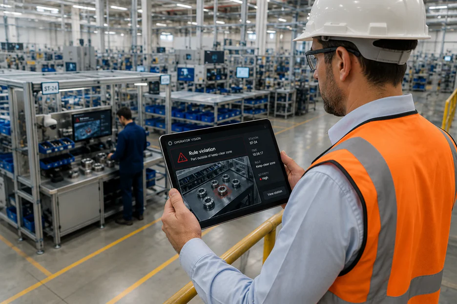 Supervisor reading an escalated alert on a tablet on the floor