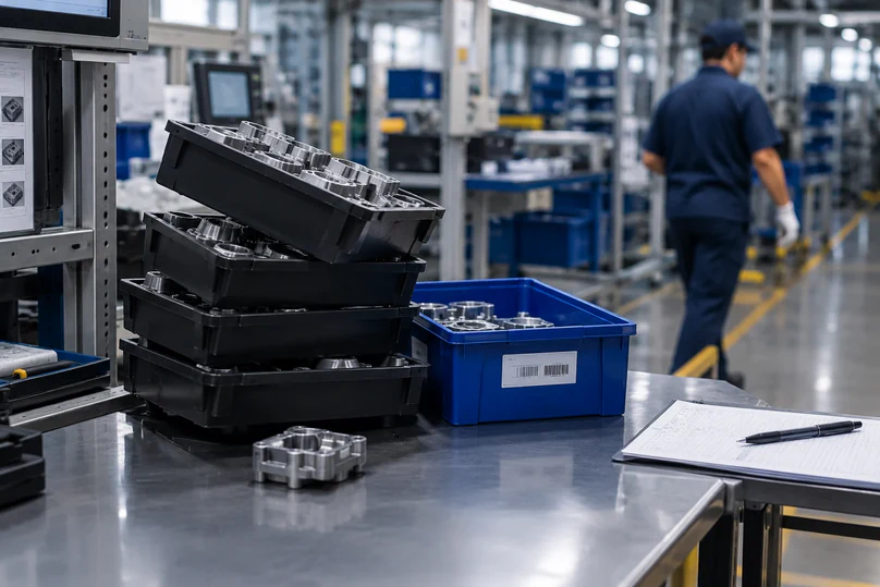 Parts stacking up in trays at an inspection bench