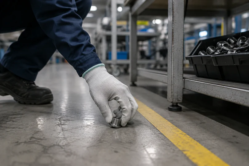Gloved hand picking a part up off the shop floor
