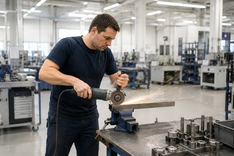 Operator grinding a part without eye protection