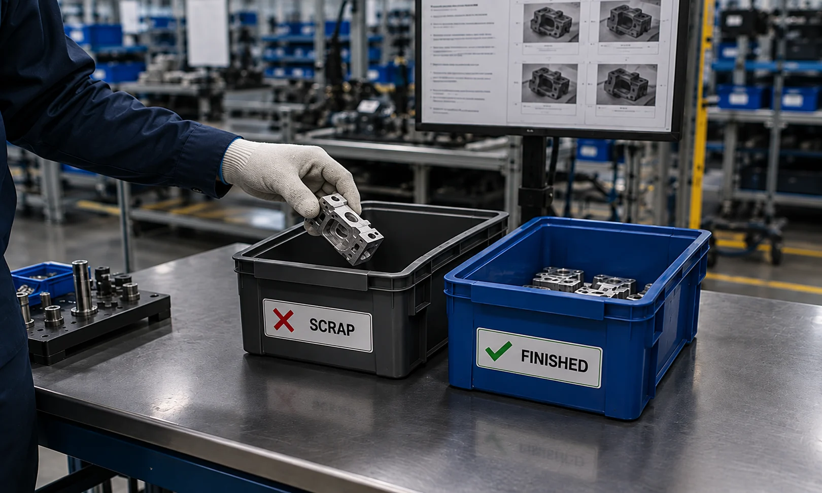 Part being dropped into a bin labelled scrap next to one labelled finished