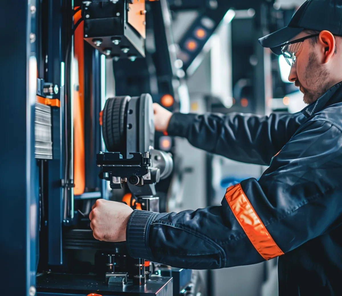 Operator adjusting a wheel assembly fixture on a station
