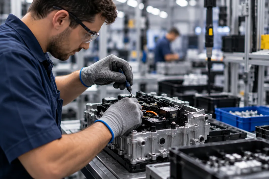 Operator assembling small parts inside a housing