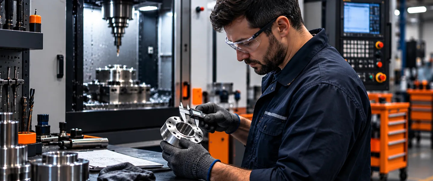Machinist in safety glasses checking a machined flange with calipers beside a CNC mill