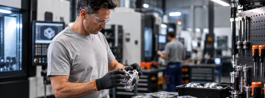 Machinist in safety glasses inspecting a machined aluminum block, CNC machines behind him