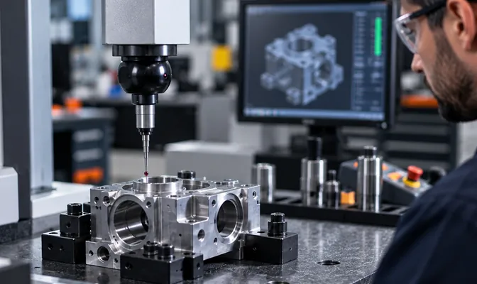 Touch probe measuring a machined aluminum housing, CAD model on the monitor behind