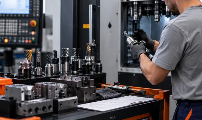 Operator fitting a tool holder into a CNC machine, tool holders and fixtured parts on the bench