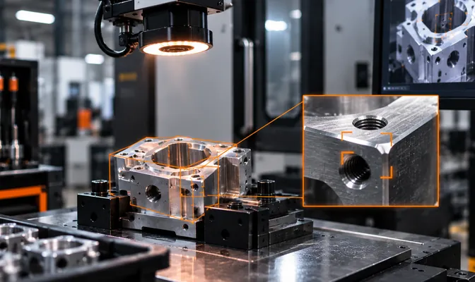 Camera with a ring light over a machined housing, a threaded hole shown close up