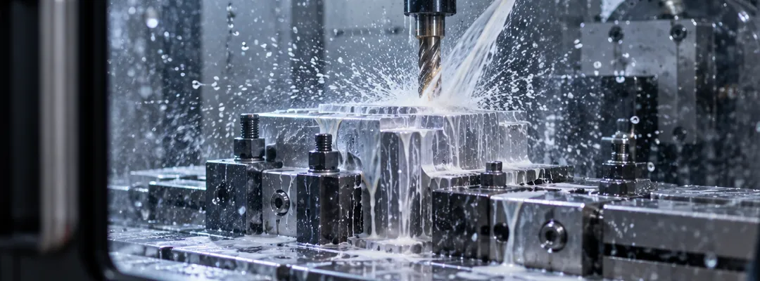 End mill cutting a steel block under a spray of coolant inside a CNC machine
