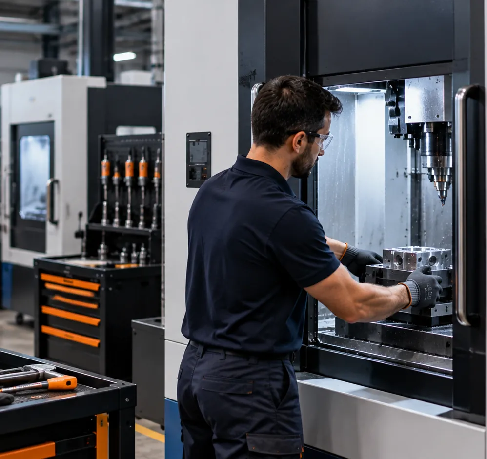 Operator loading a part into a CNC machine, tool cabinet and tool holders beside him