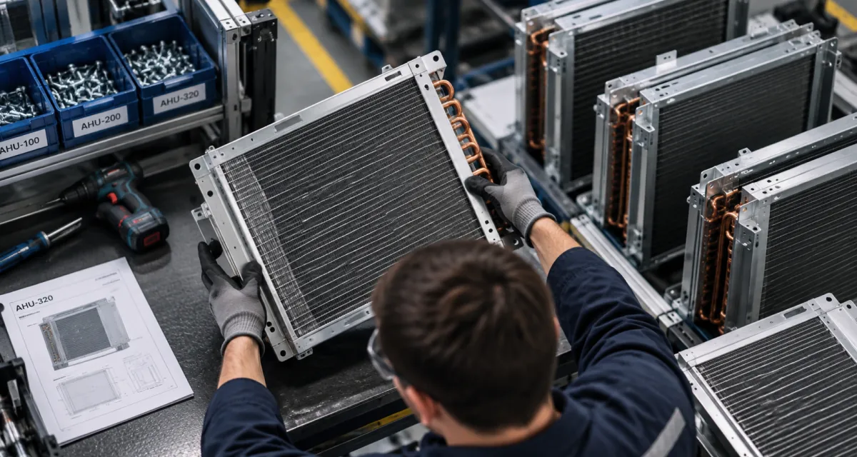 Operator assembling an HVAC coil at a workstation