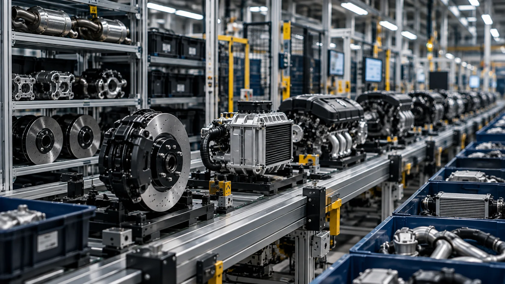 Engine subassemblies moving along a plant line