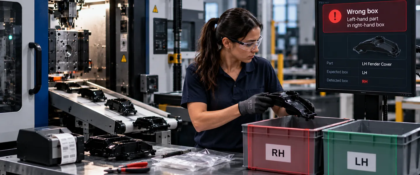 Operator placing a molded fender cover into bins marked RH and LH, a wrong-box alert on the monitor