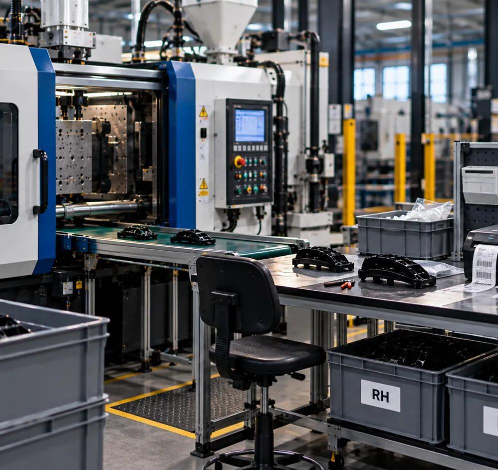 Molding cell with a conveyor, a packing table, an operator chair and RH bins