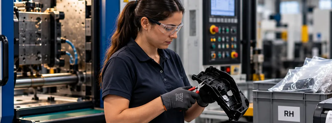 Operator in safety glasses trimming a black molded part beside an injection molding machine
