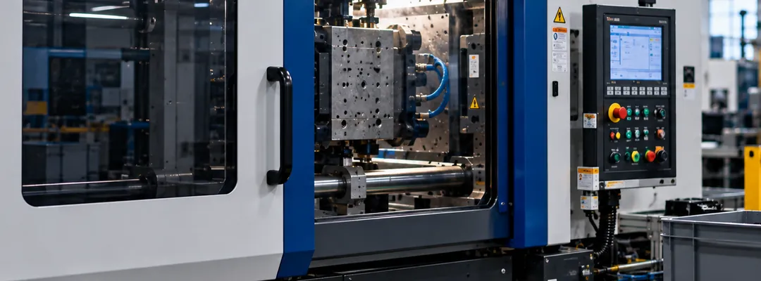 Injection molding machine with the mold and control panel behind the guard