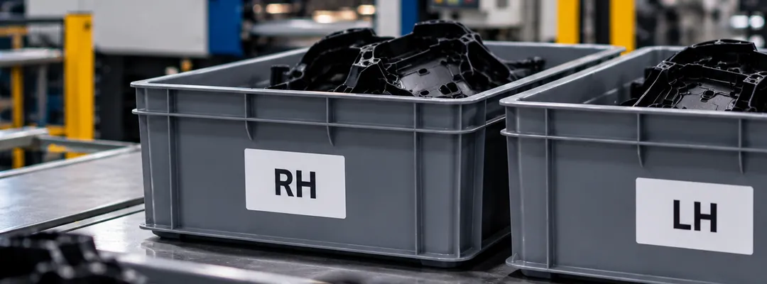 Two gray bins of black molded parts labeled RH and LH