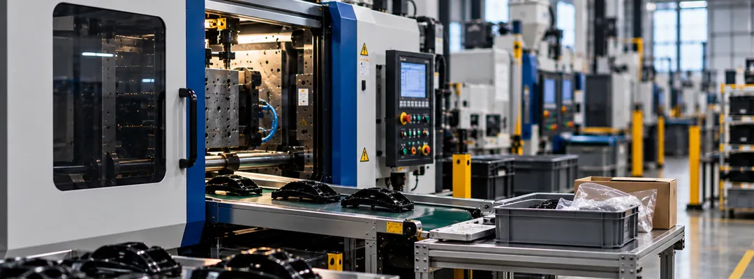 Injection molding machine with molded parts on the conveyor, bins and bags on the table