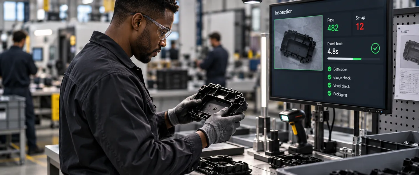 Inspector checking a black molded housing, pass and scrap counts and dwell time on a monitor