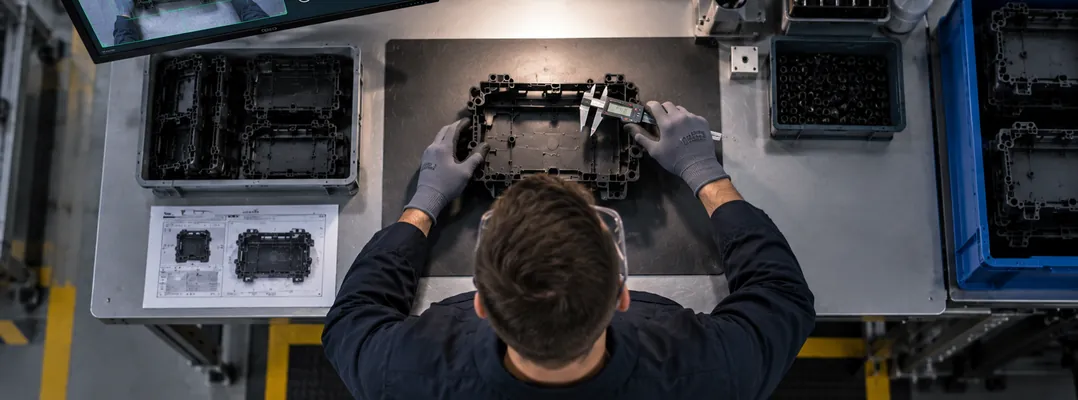 Overhead view of an inspector measuring a molded housing with calipers at the bench