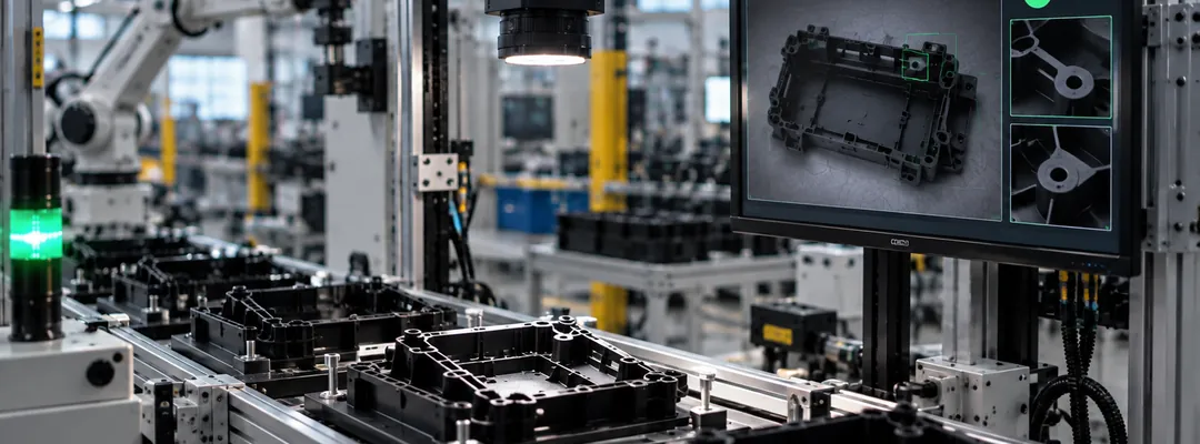 Molded housings on an inspection conveyor, the camera image of a part on a monitor