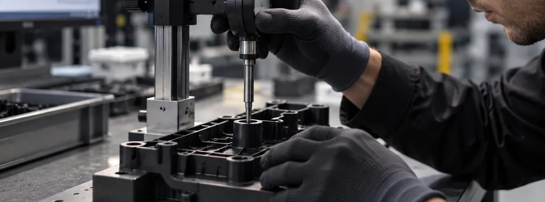 Gloved hands checking a molded part with a height gauge