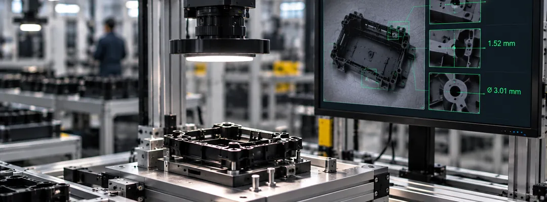 Molded housing under an inspection camera, measured features on the monitor