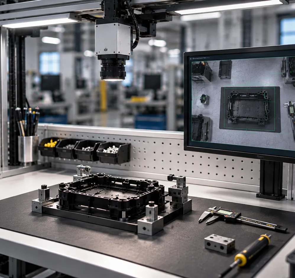 Inspection bench with an overhead camera, a molded housing in a fixture and a monitor