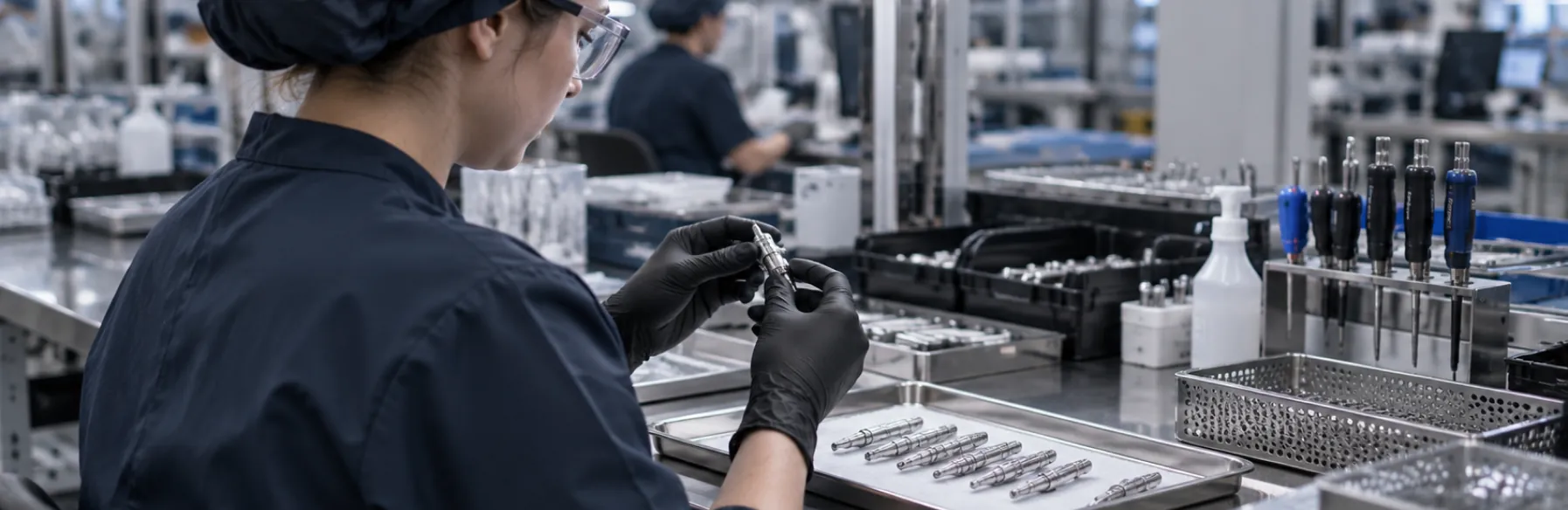 Operator in gloves handling components at a clean bench