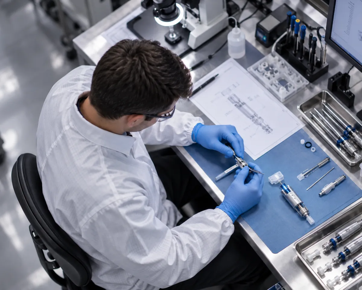 Operator in a lab coat assembling a device at a bench