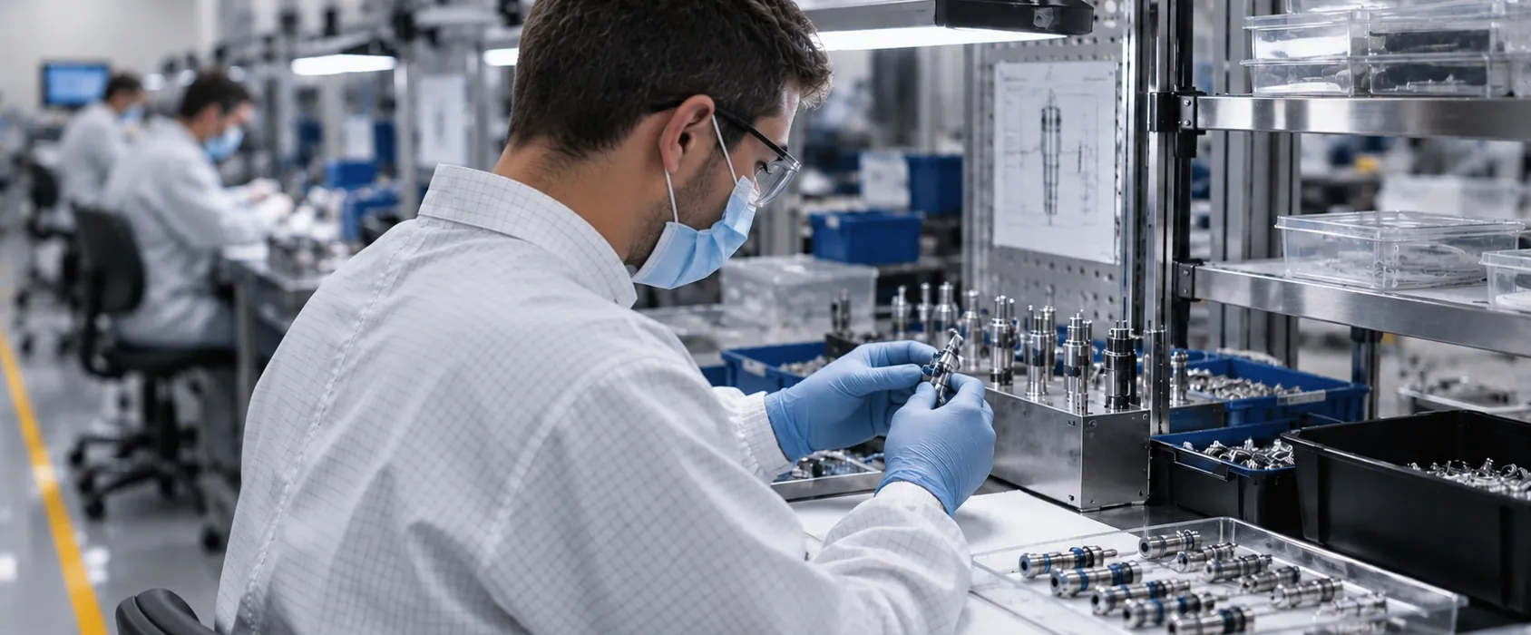 Operator assembling a device component in a clean room