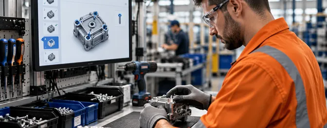 Operator assembling a housing next to a screen showing the current step