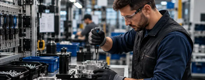 Operator driving a fastener into a housing at an assembly bench