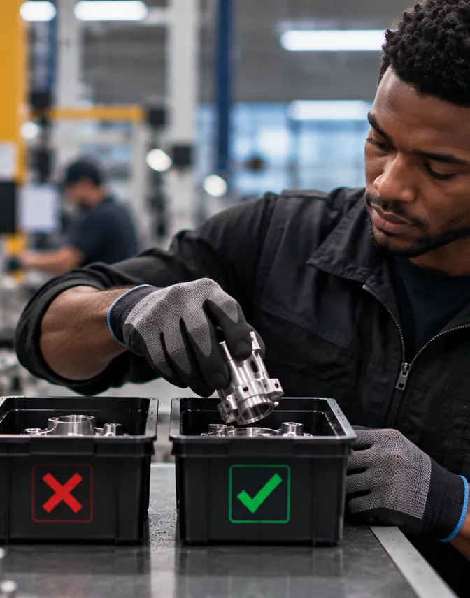 Operator placing a part into a bin marked with a green check beside a reject bin