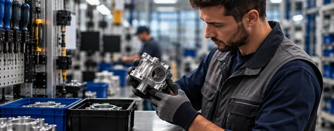 Operator inspecting a machined housing at the bench