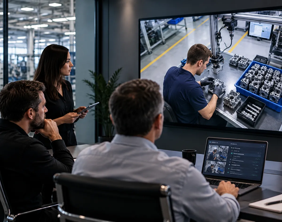 Engineers reviewing station footage of an operator on a large screen