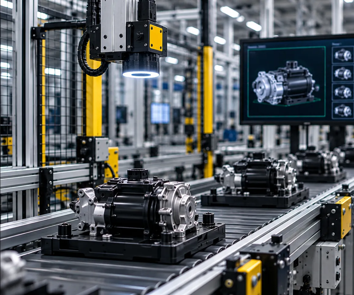 Camera above a conveyor inspecting assembled units with a live view on screen