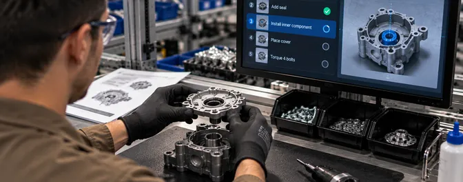 Operator placing a part while the station screen shows the current build step