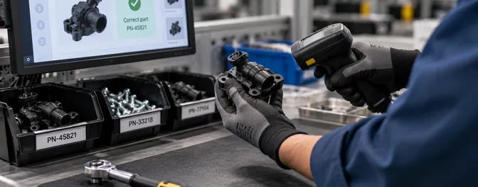 Operator scanning a part against labelled bins with a correct part check on screen