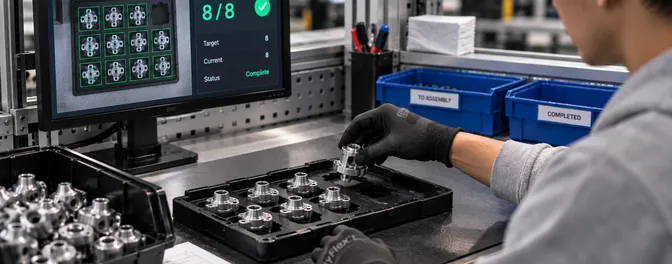 Operator placing parts into a tray while the screen counts eight of eight