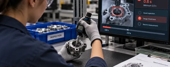 Operator gauge-checking a bore while the screen times the inspection