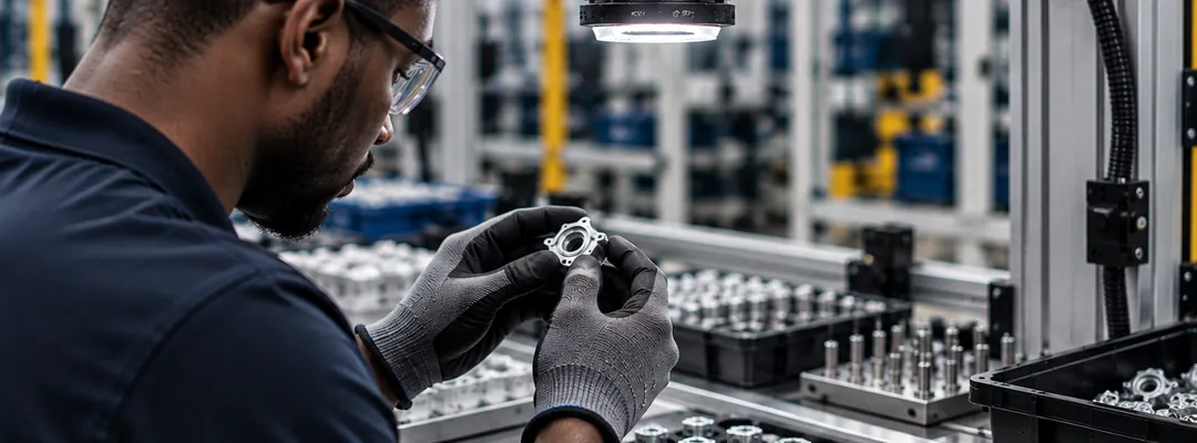 Operator inspecting a small machined part at a bench under a camera