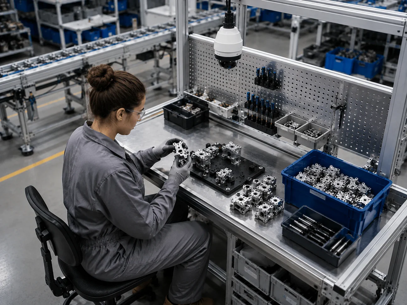Operator assembling parts at a bench seen from the camera