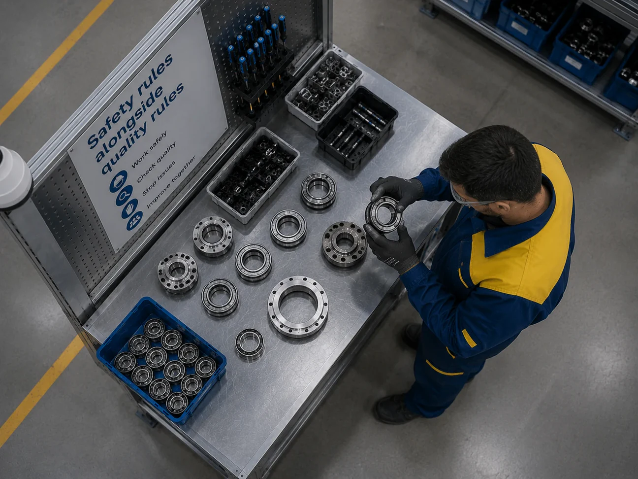 Overhead view of an operator sorting bearings on a bench